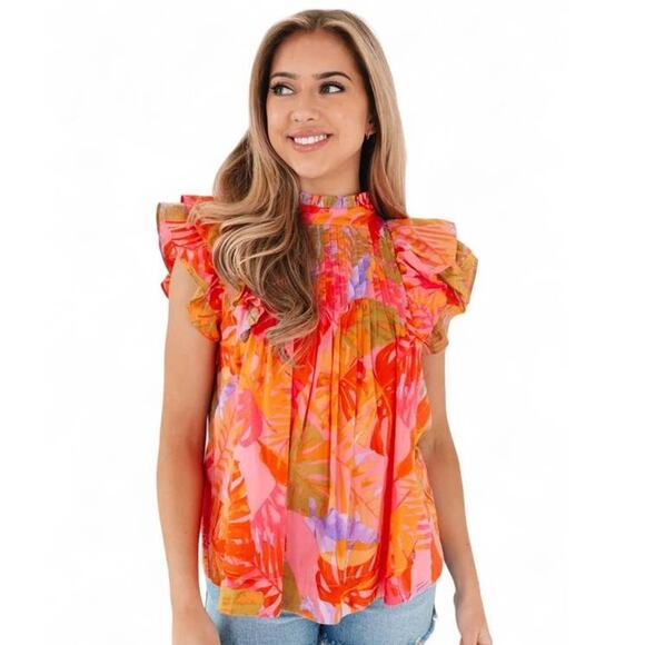 j.marie Eden Sleeveless Pleated Lined Top Pink Floral Mult Large JM3488 NEW NWT - Picture 1 of 5